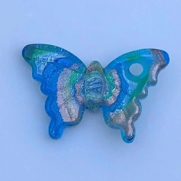 Gorgeous Aqua Blue & Gold Murano Glass Butterfly Necklace Pendant NWT - Picture 2 of 4